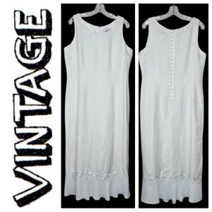 Vintage Plaza South Linen Blend Maxi Dress Size 4 White Embroidered Beaded